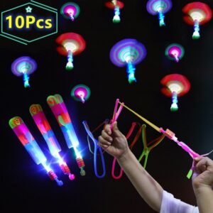 10pcs Outdoor Shining Rocket Catapult Flash LED Light Kids Night Luminous Slingshot Toys Elastic Helicopter Rotating Kids Toy