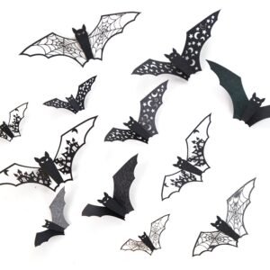 96pcs Mini Halloween 3D Hollow Bat Wall Stickers Black Bat Sticker Room Decor Party DIY Decals Halloween Horror Bats Removable